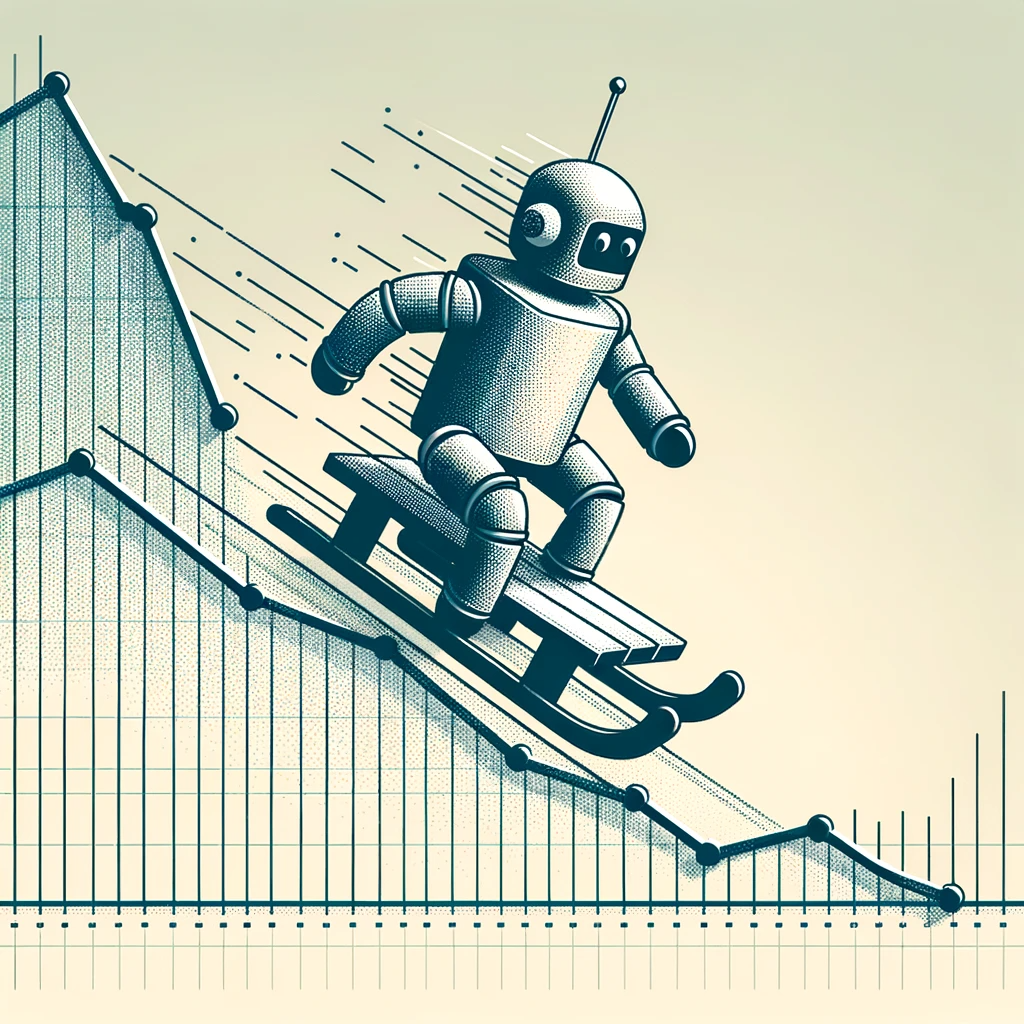 DALL·E-2023-12-01-11.55.02-A-cartoon-style-image-of-a-robot-riding-a-sled.-The-robot-is-sliding-down-a-hill-represented-abstractly-as-a-line-graph.-The-graph-starts-with-a-sharp