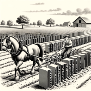 DALL·E-2023-12-12-14.44.50-A-black-and-white-sketch-showing-a-1950s-era-farm-scene-with-a-single-androgynous-farmer-plowing-a-field-with-a-horse-drawn-plow.-The-field-is-filled-