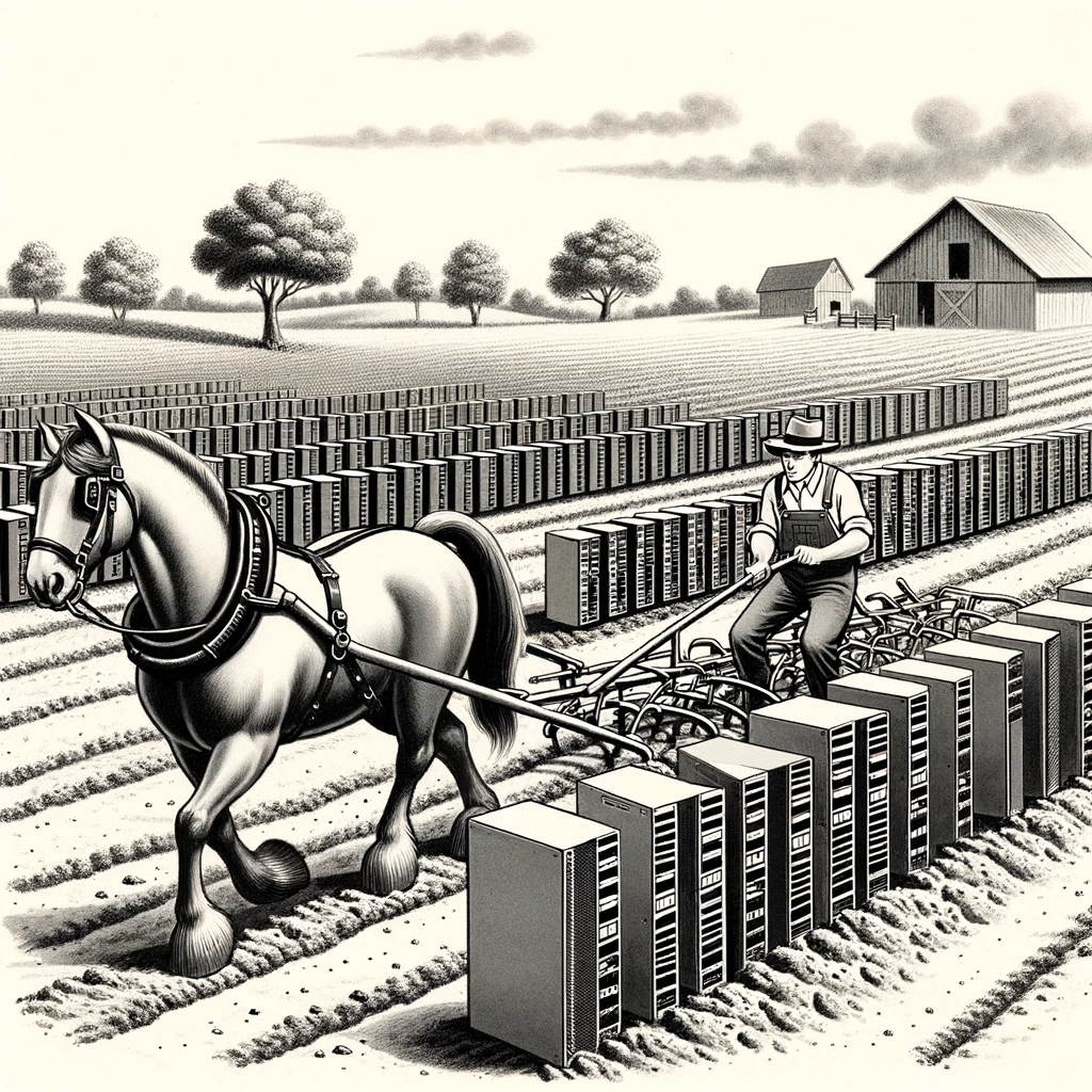 DALL·E-2023-12-12-14.44.50-A-black-and-white-sketch-showing-a-1950s-era-farm-scene-with-a-single-androgynous-farmer-plowing-a-field-with-a-horse-drawn-plow.-The-field-is-filled-