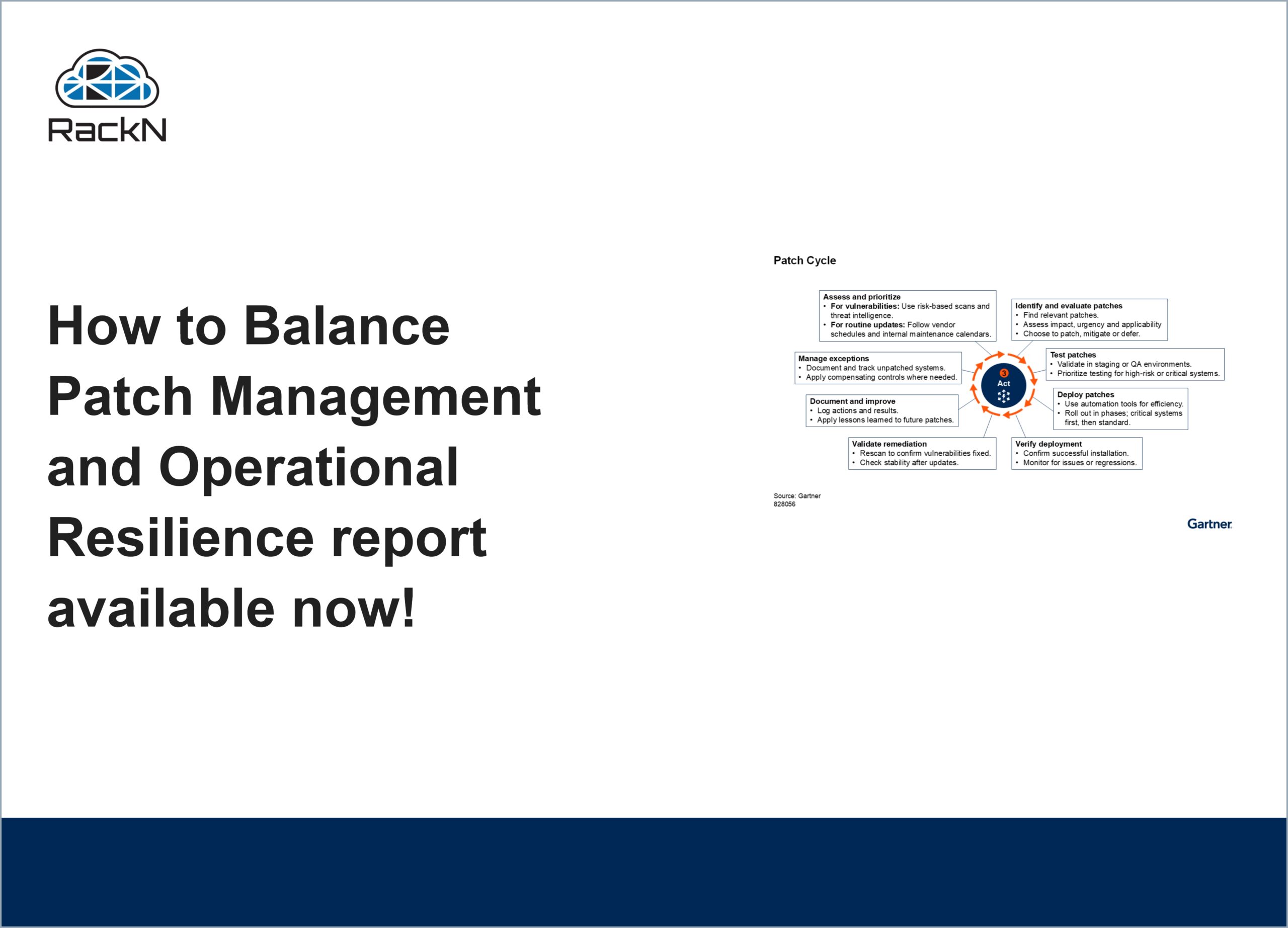 Thumbnail for Gartner Report How to Balance Patch Management and Operational Resilience, includes a graphic from the report visualizing each stage of the recommended patch process.