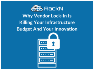 Thumbnail for vendor lock-in blog post. Graphic depicts a server with a padlock over it.
