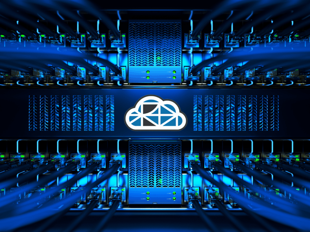 Photo of back of server with RackN cloud logo in between rows of cabling.